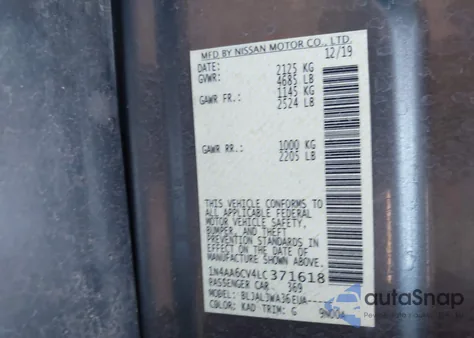 2020 Nissan Maxima Sv Xtronic Cvt from USA, damaged, VIN 1N4AA6CV4LC371618